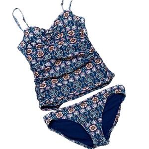 Helen Jon Tankini Swimsuit Set Women S/M Navy Blue Medallion Ruched Boho Resort